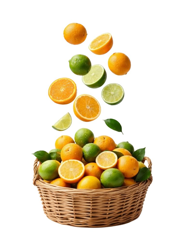 Cesto de palha com laranjas e limões, enquanto frutas e fatias cítricas caem no ar.
